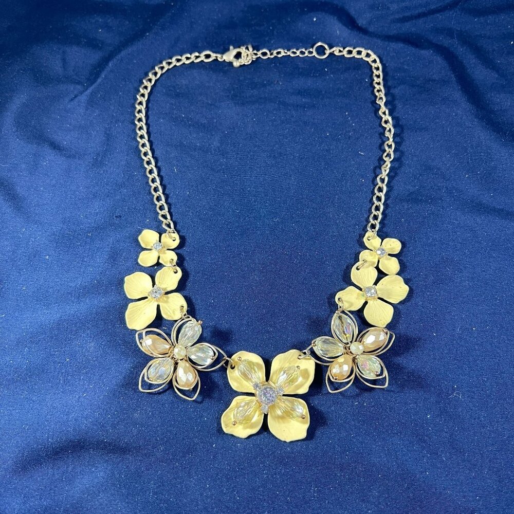Yellow Floral Statement Necklace With Crystal Accents & Adjustable Chain